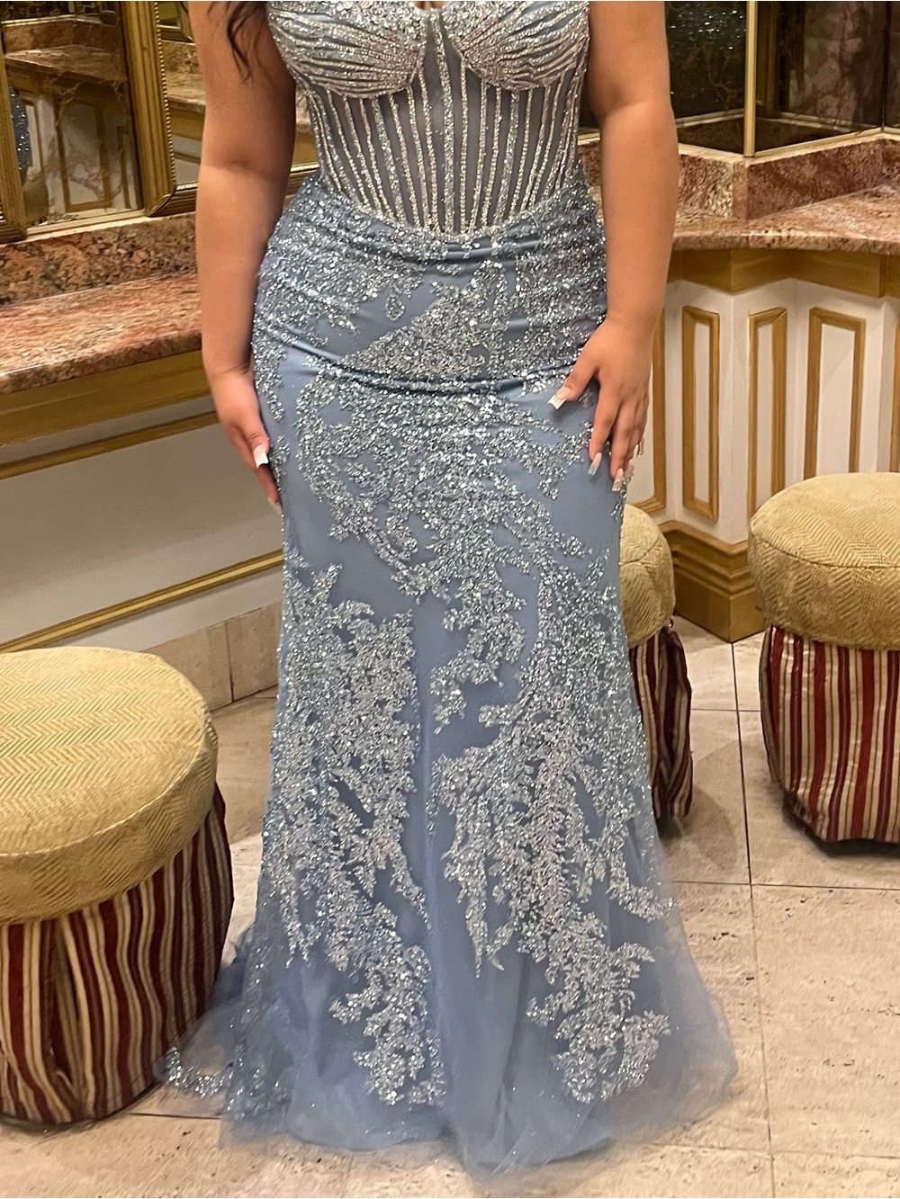 Dusty Blue Embellished Prom Gown - Women Dresses